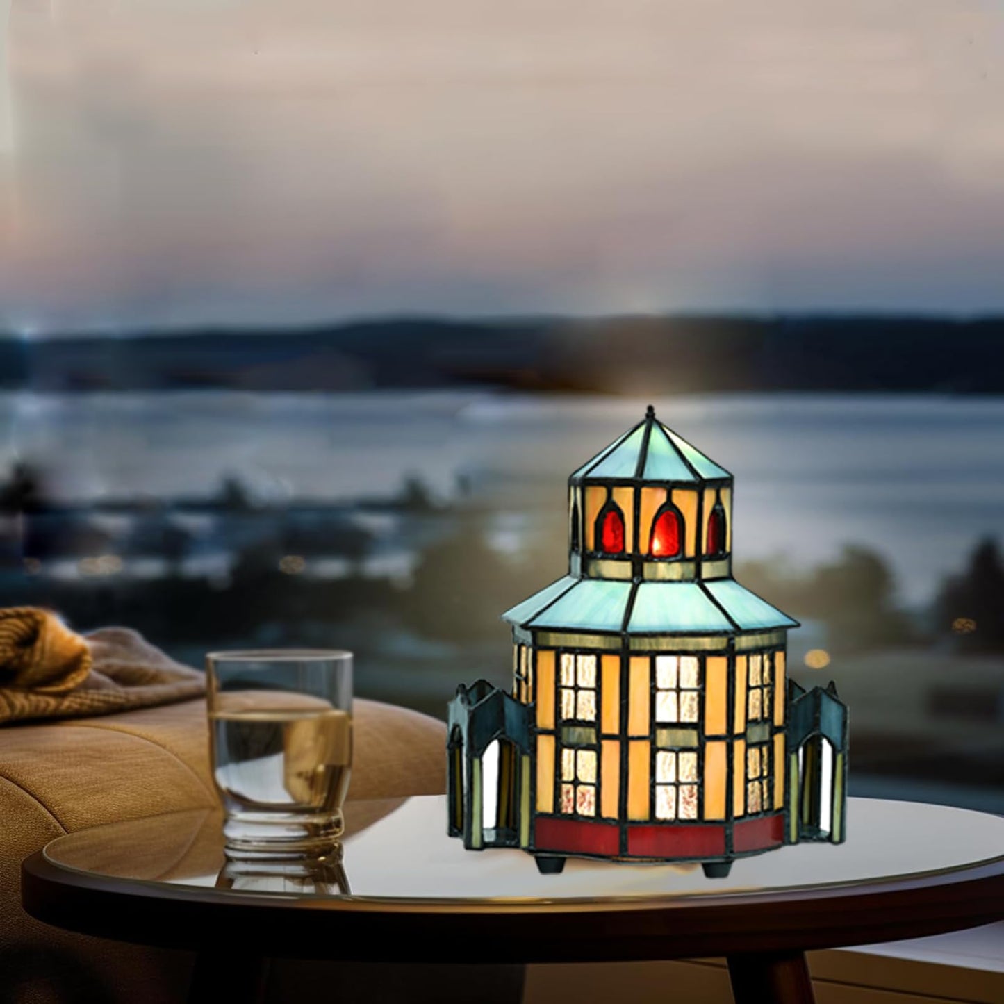 HomeBeauty A0005 Tiffany Lighthouse Lamp Stained Glass LED Accent Table Lamp, Christmas Table Decorations for Living Room Tabletop Party, 6" W x 8" H, LED and Remote Control Included (Opera House)