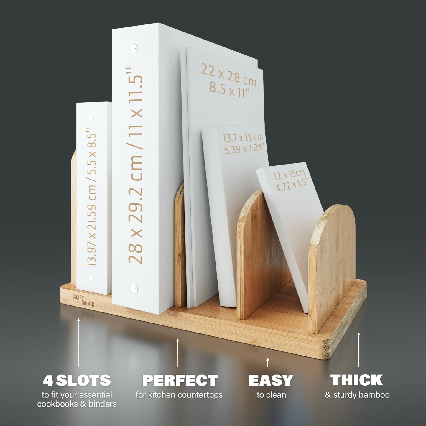 Cook Book Organizer, Recipe Book Holder Rack, Tabletop Stand for Convenient Cookbook Storage, Vertical 4 Tier Cook Book Stand Kitchen, Binder Holder for Desk & Countertop (Bamboo)