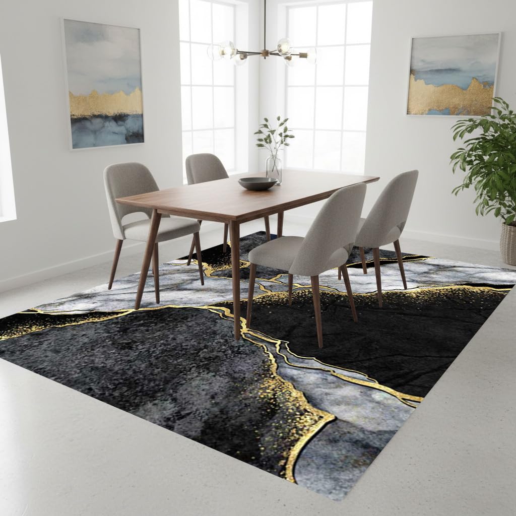 Modern Aesthetic Grey Black Gold Marble Abstract Area Rug 5x7 Non-Shedding Soft Rug for Livingroom Bedroom Diningroom Indoor Office Kitchen Floor Carpet