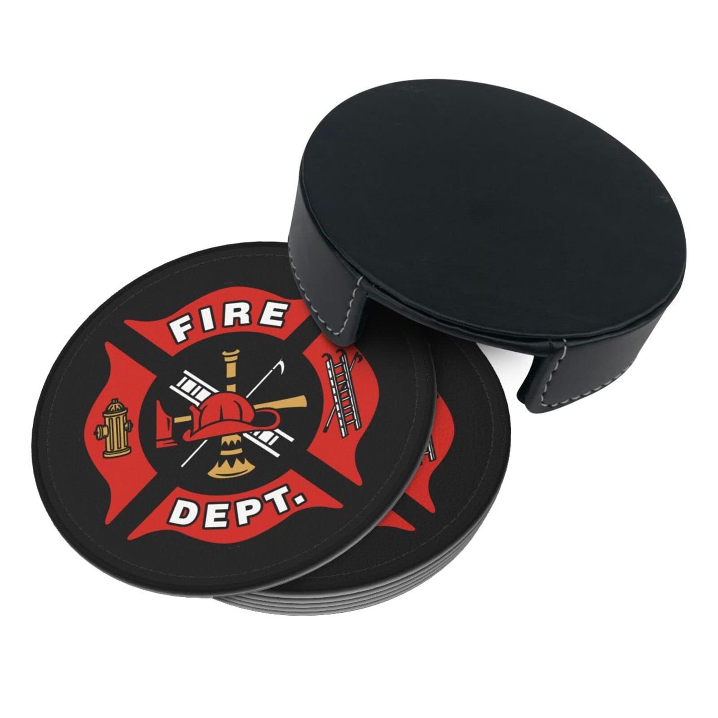 SEPTYK Firefighter Fire DEPT. Logo Rescue Pattern Coasters for Drinks with Holder Set of 6 Leather Round 4" for Home Kitchen Decor Coffee Cup Housewarming