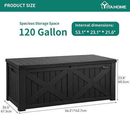 YITAHOME 120 Gallon Large Deck Box with X-Shaped Front, Resin Outdoor Storage Boxes, Waterproof Cushion Storage Bench for Patio, Pool Supplies, Garden Tools - Lockable, Black