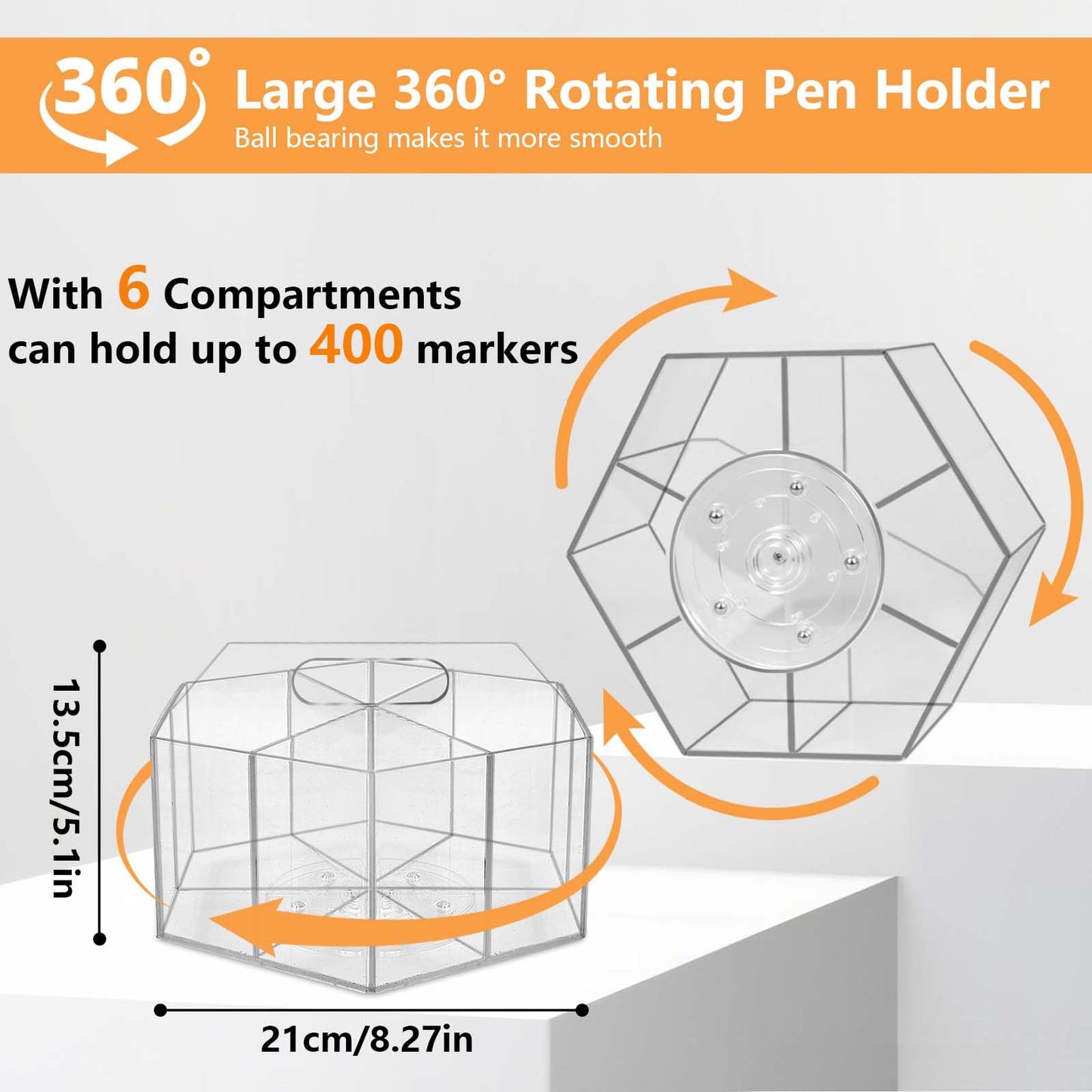 Hiborateed Pen Holder for Desk Acrylic, Large 6 Slots 360-Degree Rotating Marker Organizer Pencil Holder, Caddy Art Supply Organizer Crayon Organizers for Office School