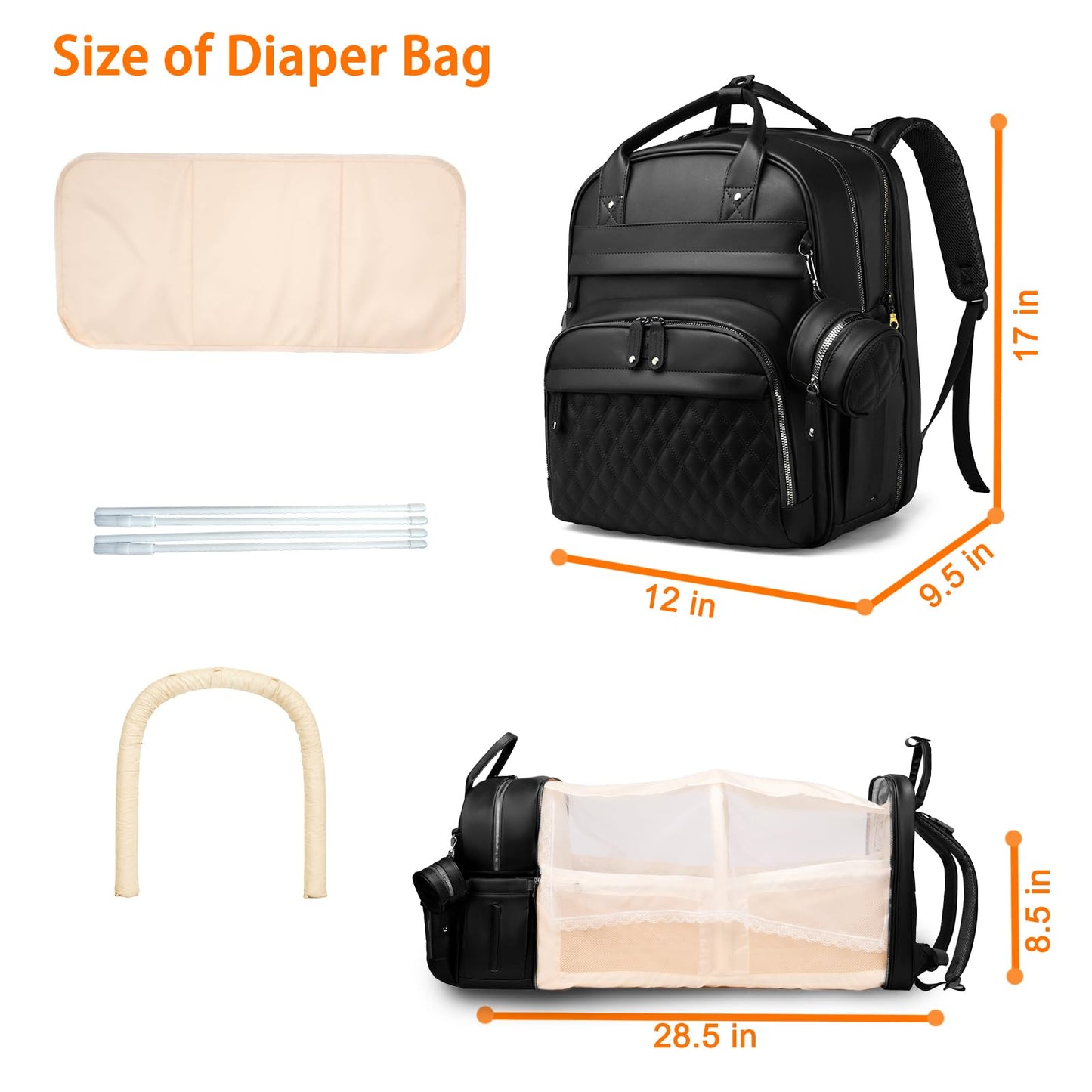 Astro alan Baby Diaper Bag Backpack with Changing Station, Waterproof Large Capacity Diaper Bag for Moms and Dads, Plant-Based Leather with USB Charging Port, Baby Gift for New Parents, Black