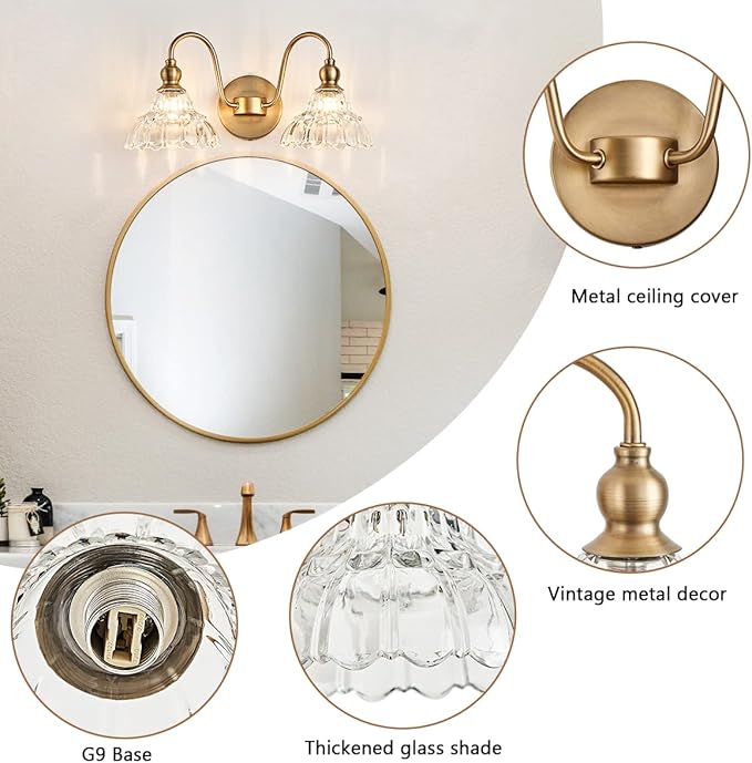 Antique 2-Light Wall Sconce Modern BathroomVanity Light Gold Wall Light Made of Metal Body and Pressed Patterned Glass Retro Vanity Light for Bedroom, Bathroom, Doorway, Foyer, Hallway