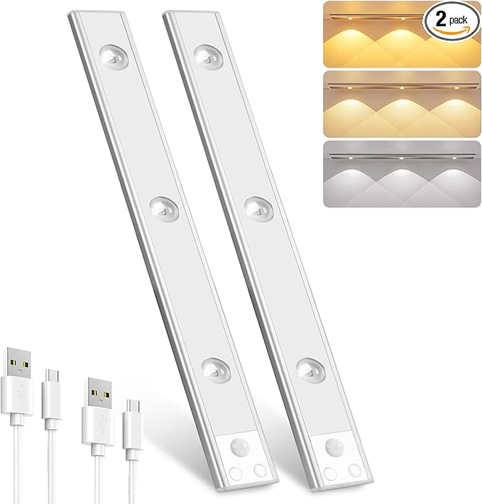 Pak Under Cabinet Lights, Rechargeable Motion Sensor Light Indoor, Wireless and 3-Color Dimmable with Cat’s Eye Hill Effect, for Display Cabinets, Showcases, Wine Racks, 2 Pack, Silver