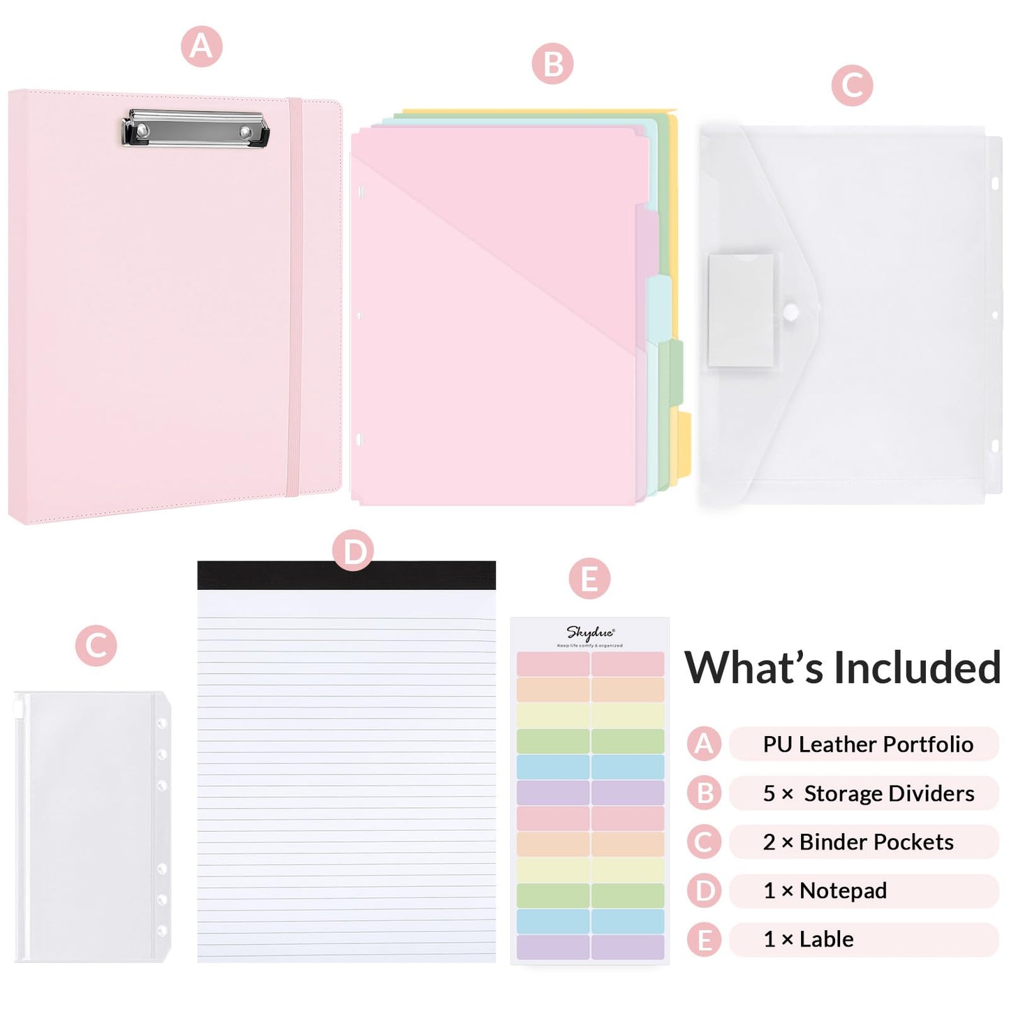 SKYDUE 3 Ring Binder with Clipboard,1 Inch Binder, 13.2" × 10.2" PU Clipboard Binder with Notepad & 5 Dividers with 5 Pockets, Labels, Clipboard Folder Great for School Office(Fit Letter Sized Paper)