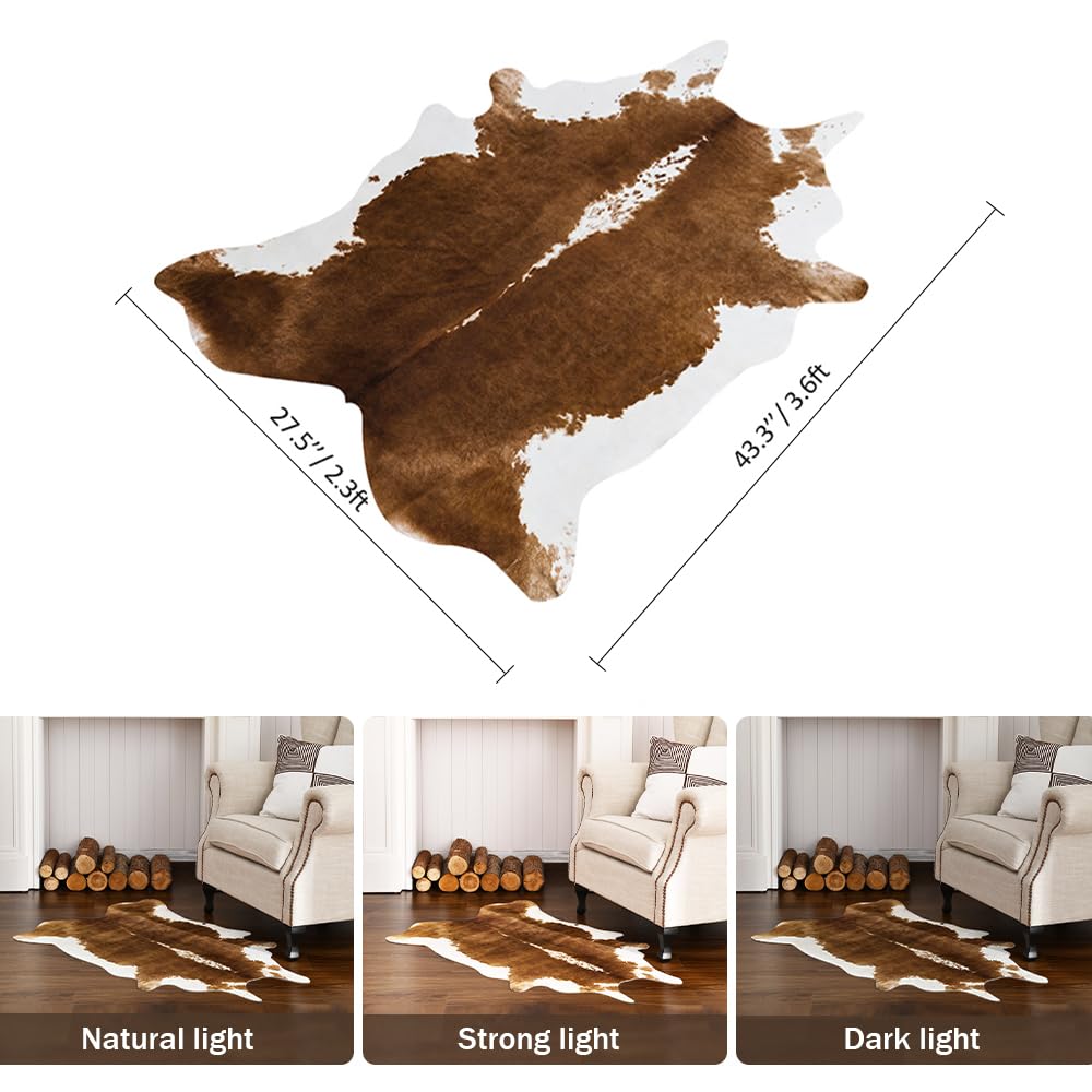 HOMORE Cowhide Rug, Cute Cow Print Rug for Living Room Faux Cow Hide Animal Print Carpet for Bedroom Office Table, 3.6 x 2.3 Feet, Khaki Brown
