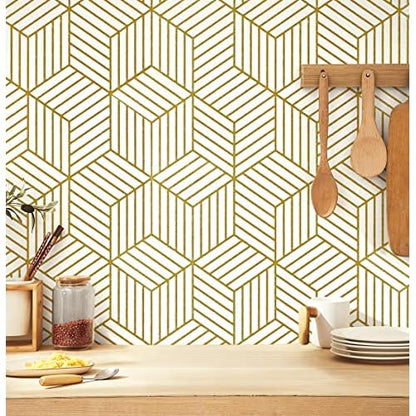 Geometric Wallpaper Peel and Stick Wallpaper Removable Self Adhesive Wall paper White/Gold Striped Hexagon Contact Paper for Cabinets Shelf Drawer Liner Renter Friendly Vinyl Roll 17.7"x118.1" Upgrade
