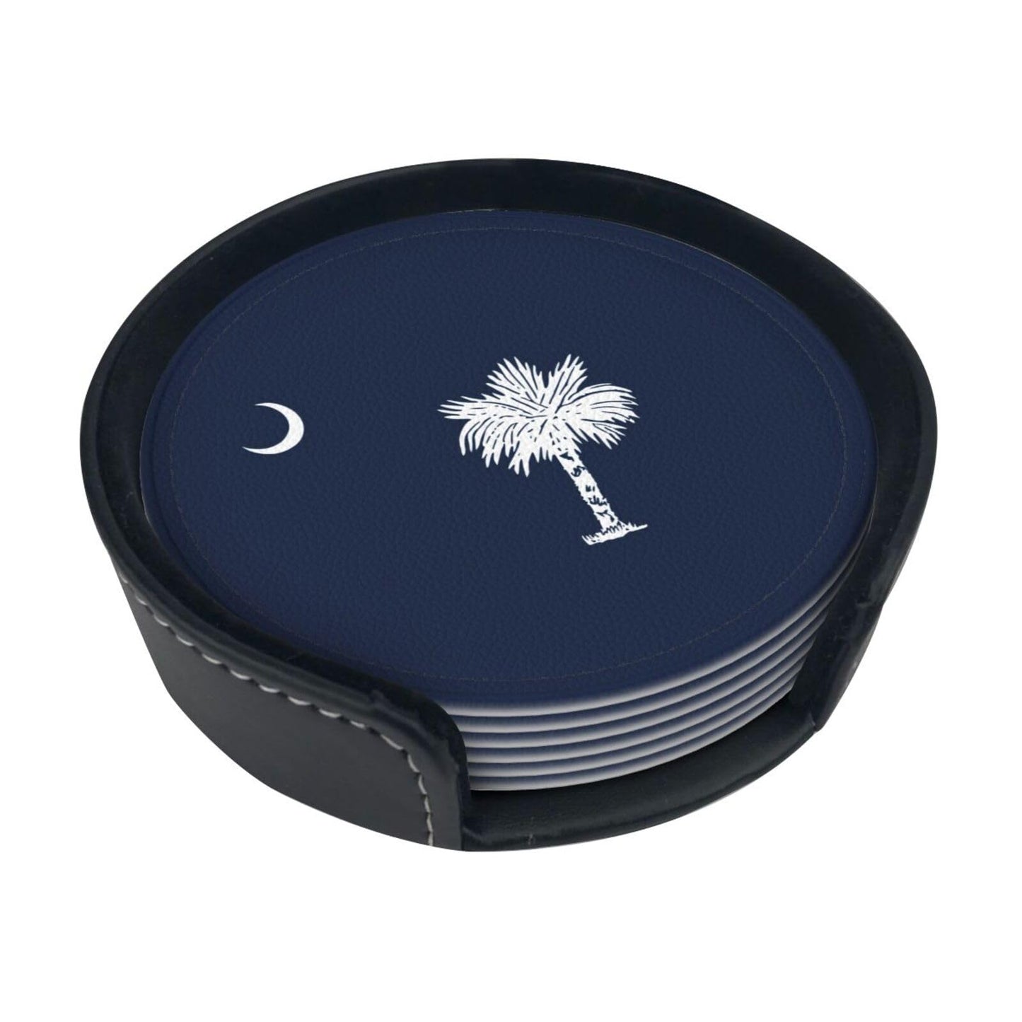 6 Pack South Carolina State Flag Leather Coasters with Holder–Cute Heat Resistant Drink Coasters Set for Coffee Wine Kitchen Office Bar Table Decor,Round