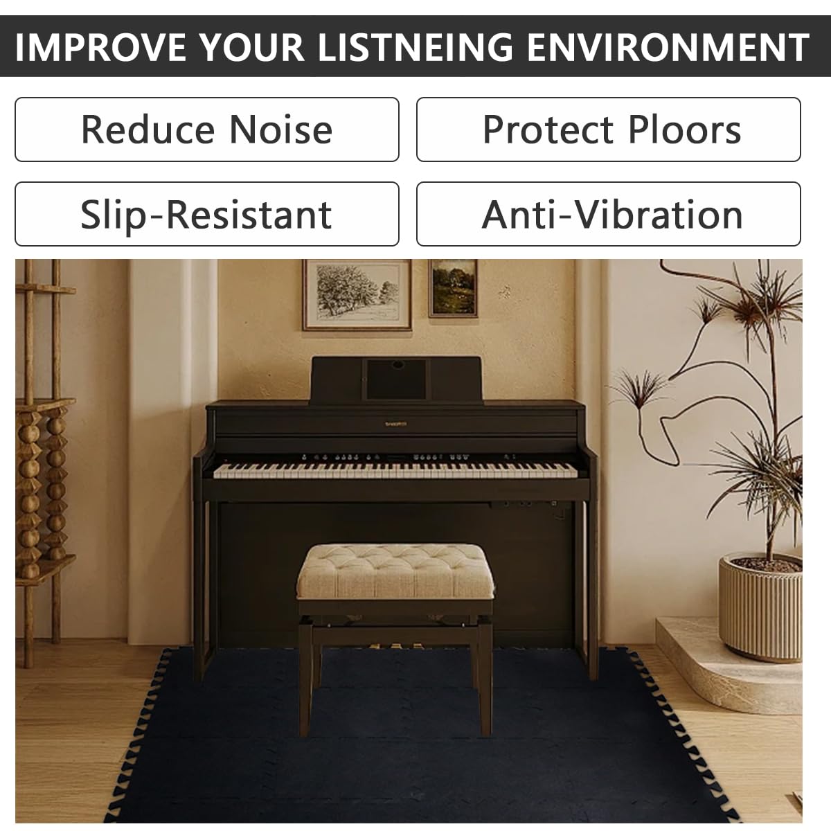 16 Pcs Black Thick Sound Absorbing Interlocking Floor Mats, Drum Rug