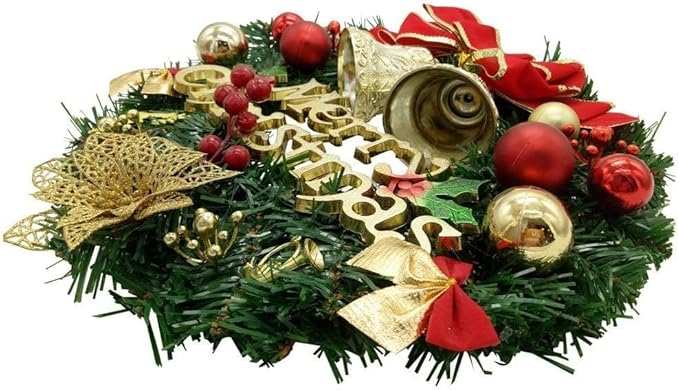 H&W Medium Christmas Wreath (15.8 Inch / 40 cm) for Front Door Wall Windows Artificial Poinsettia Xmas Decoration with Tinkle Bell Bowknot and Small Ornaments (MC7-D1)
