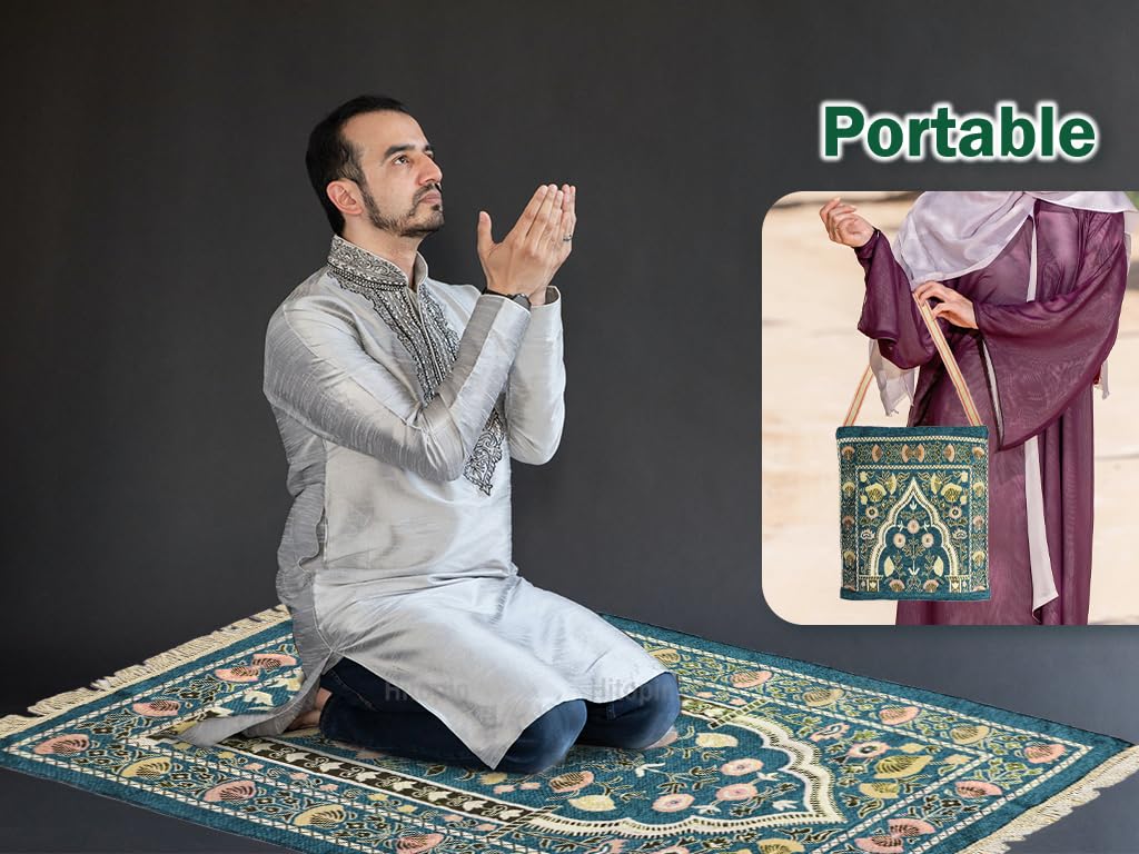 Hitopin Green 2'4" x 3'7" Square Muslim Prayer Rug, with Elegant Design Bags, Soft, Non-Slip, Stable, Perfect for Prayer, Ramadan, Eid al Fitr, Gift