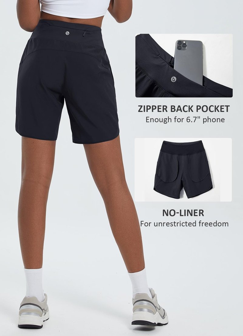 baleaf Women's 7" Long Running Shorts Athletic Workout Gym Quick Dry Hiking Shorts High Waisted Zipper Pocket Black S
