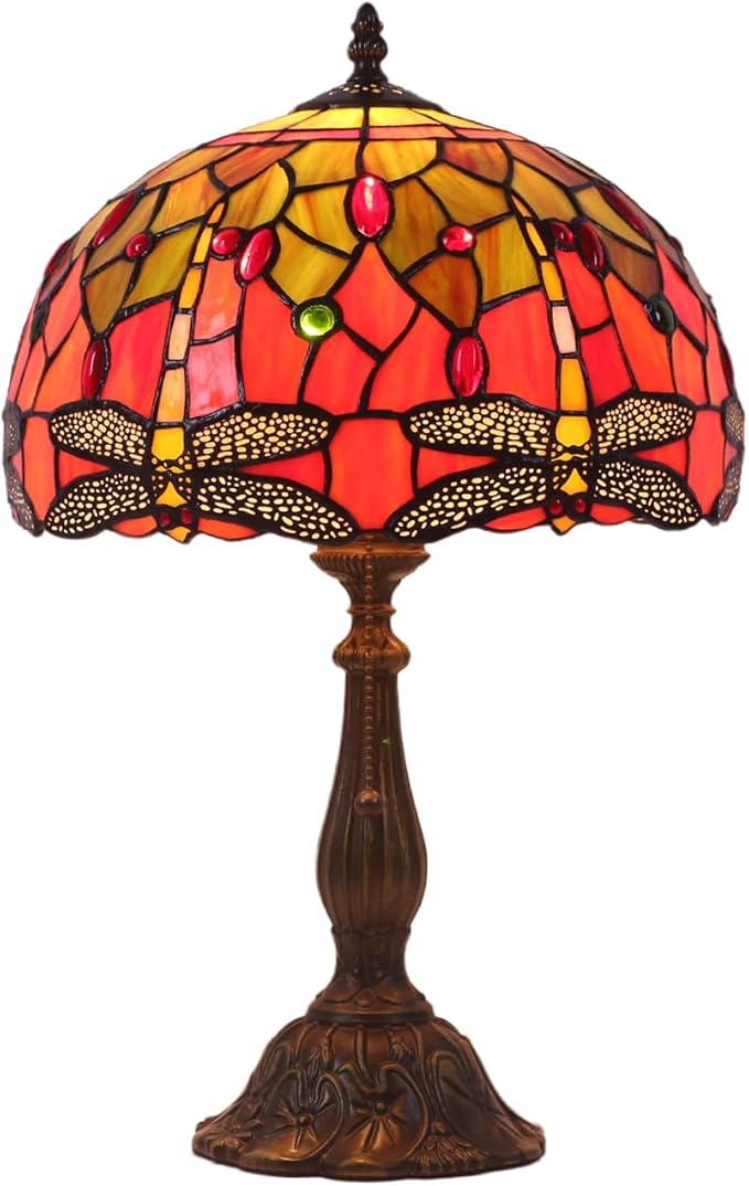 Tiffany Table Lamp Stained Glass Bedside Table Lamp Desk Reading Light 12 Inches Bedroom Living Room Home Office Decor Lamp(Yellow Dragonfly)