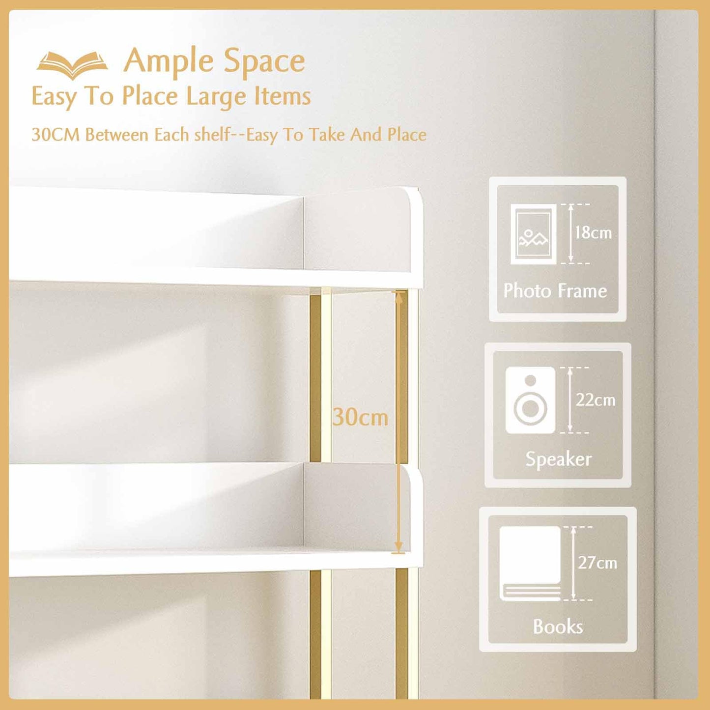 OSCHF Wide Open Shelf Bookcase - Modern 5-Tier Freestanding Display Bookshelf with Three-Side Panels for Home and Office, Storage Shelving in Warm White with Gold Frame