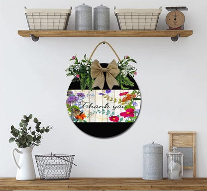 A Garden Thank You Front Door Sign Funny Wreaths Hanging Wooden Plaque Decoration Round Rustic Wood Farmhouse Porch Decor for Home Front Door Decor, 12 x 12 Inch