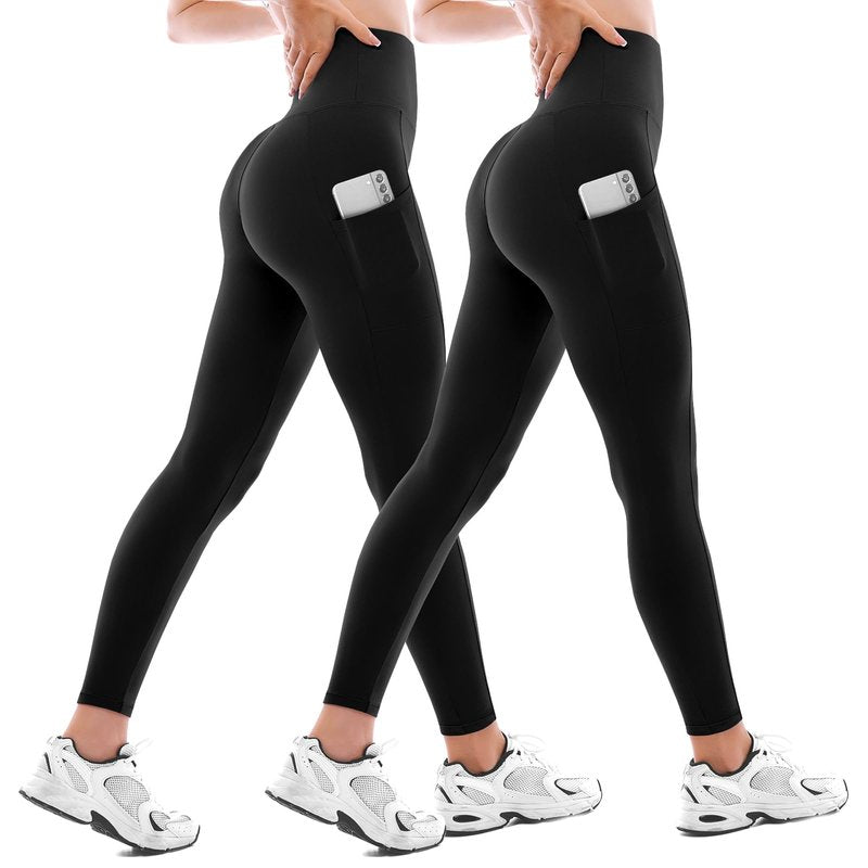 Walifrey Leggings with Pockets for Women 2 Packs,Women's High Waisted Yoga Leggings Gym for Workout Black LXL
