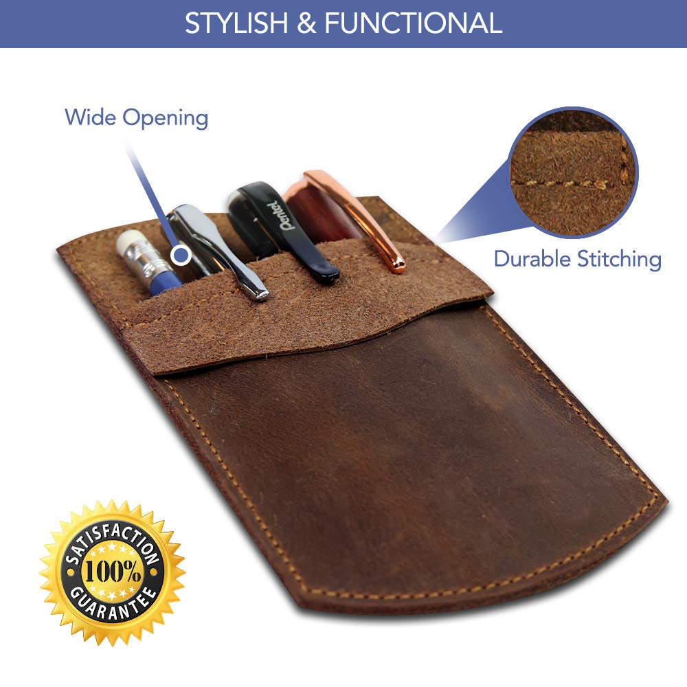 Wanderings Genuine Leather Pocket Protector - 3.5" x 6.25" - Handmade Leather Pen and Pencil Pocket Pouch Organizer for Office and Home - Pocket Pen Holder, Tool Pouch