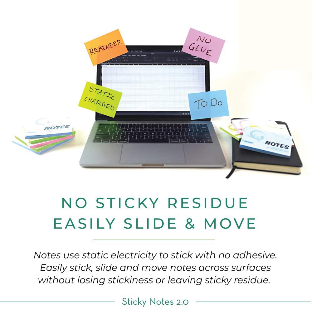Self-Stick Notes 4x4 inch | Sticks to Any Surface Without Glue | Reusable White Dry Erase | 5 Pack, 500 Sheets (Assorted Colors, 4x4 inches)