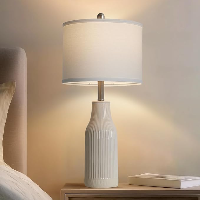 24.5" Modern Ceramic Table Lamp for Nightstand, Farmhouse Bedside Lamp for Bedroom, Small Table Lamps for Living Room End Table, Beige (1 Pack)