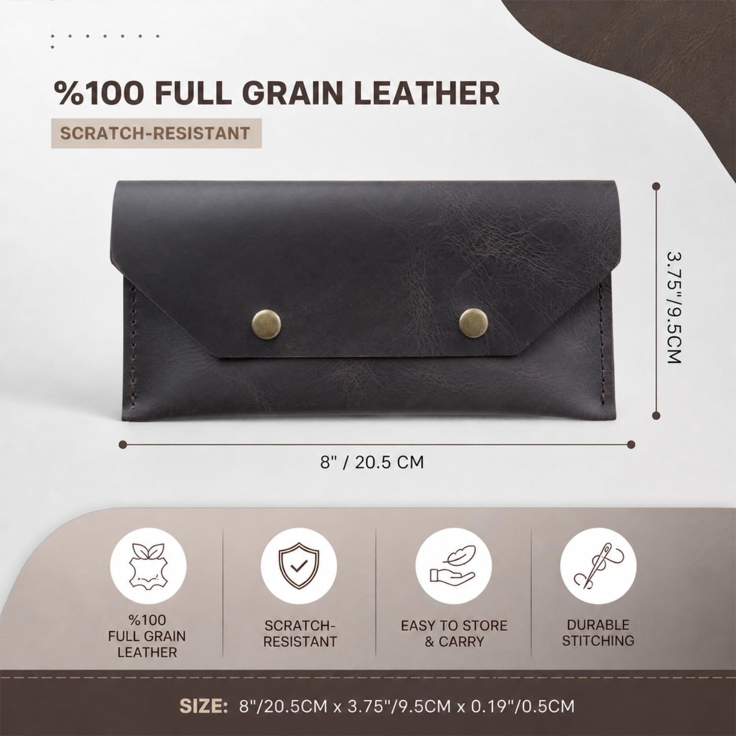 ZEMARS Genuine Leather Cash Envelope Wallet, Two Snap Money Pouch for Men and Women, Reusable Budget Envelope Wallet, Slim Organizer for Cash, Cards, Receipts, Checks and Keys (Dark Brown)