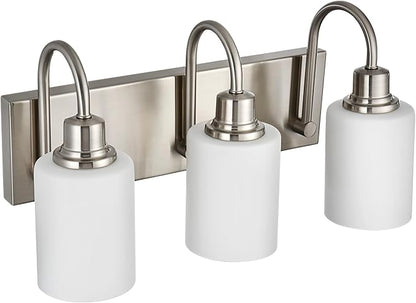 VINLUZ 3-Light Indoor Modern Bathroom Vanity Lighting Fixtures,Brushed Nickel Finish Metal Wall Light Over Mirror with Opal White Glass Shade for Hallway Makeup Table