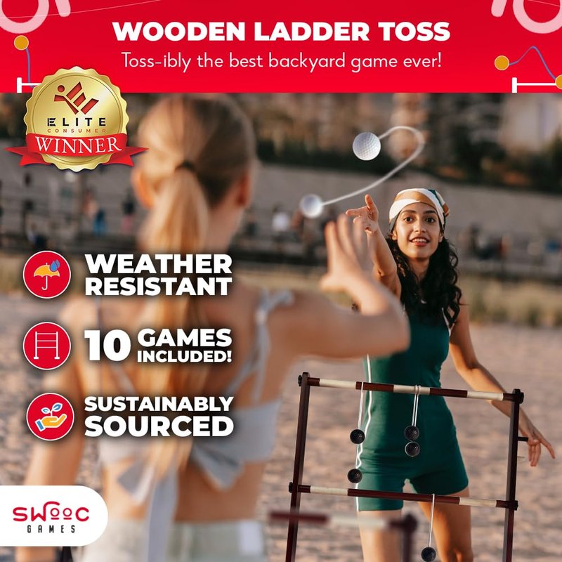 SWOOC Games® - Premium Wooden Ladder Ball Game Set (Weather Resistant) - with 10+ Games & Carrying Case - Easy, No Tool Set Up - Premium Ladder Toss Outdoor Game - Backyard Ball Toss Games