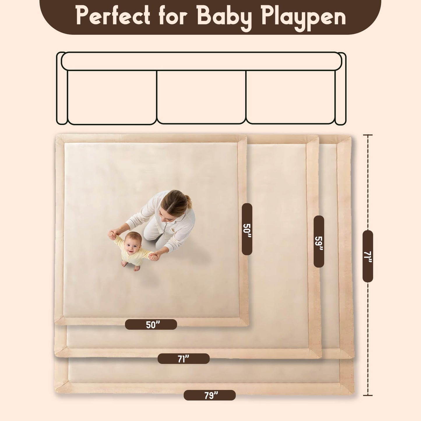 TreeBud Baby Play Mat for Floor, 1.3 Inch Thick Memory Foam Tummy Time Mat with Non Slip Backing, Soft Coral Velvet 50×50 Inch Playpen Mat Crawling Tatami for Infants Toddlers Kids, Beige