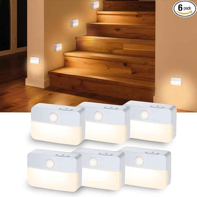 Motion Sensor Stair Light for Indoor, Battery Operated Closet Lights, Portable LED Wireless Stick on Night Lights for Hallway, Bedroom, Under Cabinet, Kitchen(6 Pack, White)