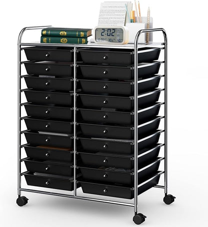 COSTWAY 20-Drawer Rolling Storage Cart, Utility Storage Organizer Cart for Tools, Scrapbook, Paper, Craft, Multipurpose Storage Trolley on Wheels for Home Office School (Black)