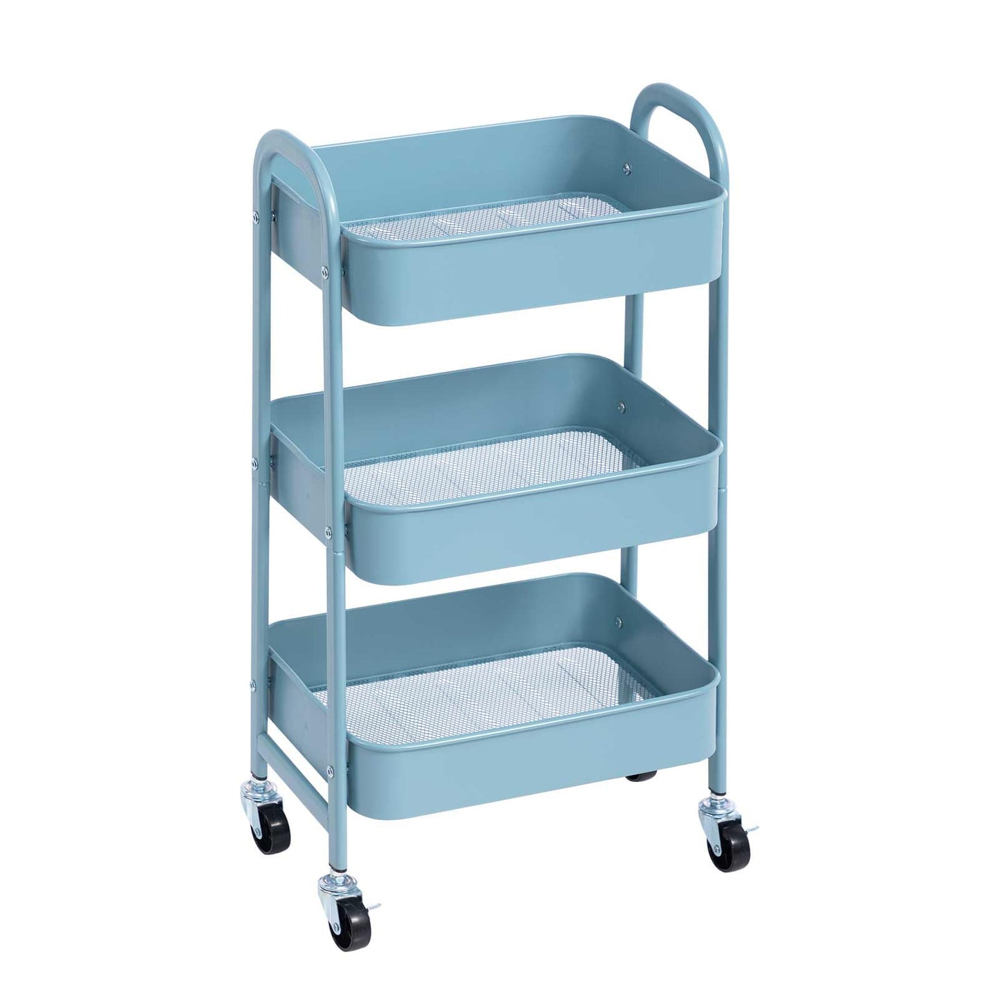 AGTEK 3 Tier Utility Rolling Cart with Lockable Wheels, Metal Multifunctional Storage, Organizer Cart for Kitchen, Office, Living Room, Makeup, Craft, Art Studio, Light Blue
