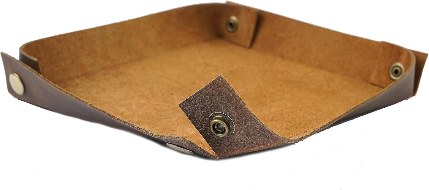 PavinCrafter Leather Valet Tray for Men & Women – Handmade Catchall Organizer for Keys, Wallet, Coins, Jewelry, Watch | Premium Full-Grain Leather EDC Tray with Brass Rivets for Desk (Brown)