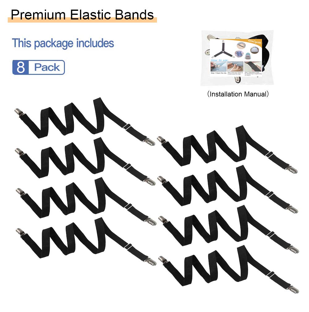 QoeCycth Adjustable Bed Sheet Straps Clips, Elastic Mattress Sheet Fasteners Holder and Suspenders, Grippers to Hold Sheet, Mattress, Sofa, Couch, Table Cloth, Ironing Board Cover, 8Pcs, Black