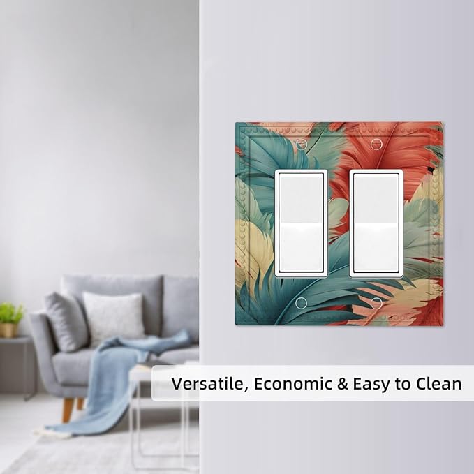 Colorful Feathers Blue Red Dual Outlet Covers Wall Plate 2 Gang Rocker Decora Decorative Switchplate Electrical Faceplate GFCI Light Switch Covers for Farmhouse Living Decor