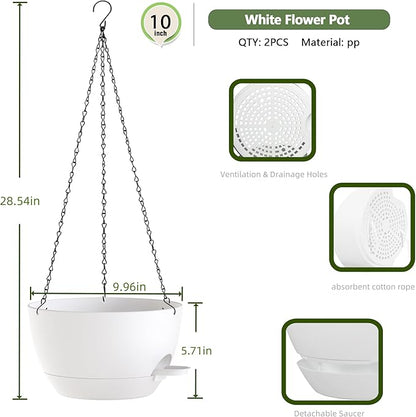 10 Inch Hanging Baskets 2 PC with Chains, Self-Watering Hanging Planters for Indoor Outdoor Plants, Plastic Hanging Flower Pots,White
