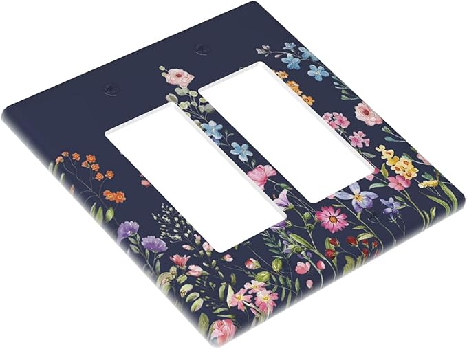 Rustic Wild Floral Darkground Vintage Watercolor Flower 2 Gang Rocker Decora Light Switch Covers Decorative Dual Outlet Covers Wall Plate Electrical Faceplate Switchplate GFCI for Bedroom