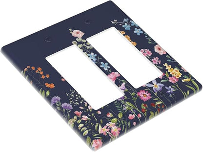 Rustic Wild Floral Darkground Vintage Watercolor Flower 2 Gang Rocker Decora Light Switch Covers Decorative Dual Outlet Covers Wall Plate Electrical Faceplate Switchplate GFCI for Bedroom