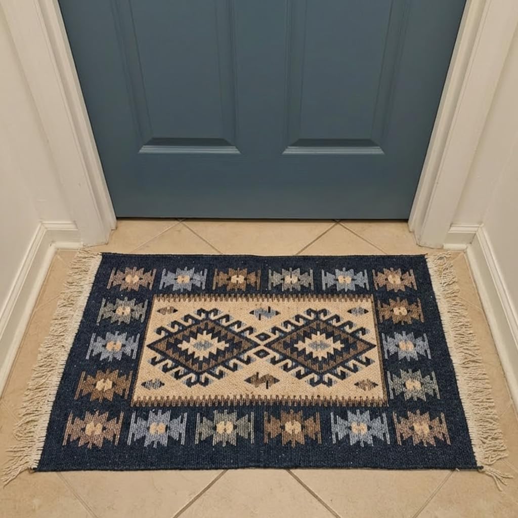 Turkish Kilim Rug, Vintage Bohemian Geometric Pattern, Blue and Beige, Reversible, Washable – Area Rug for Living Room, Hallway or Entryway, 2' x 4'1"
