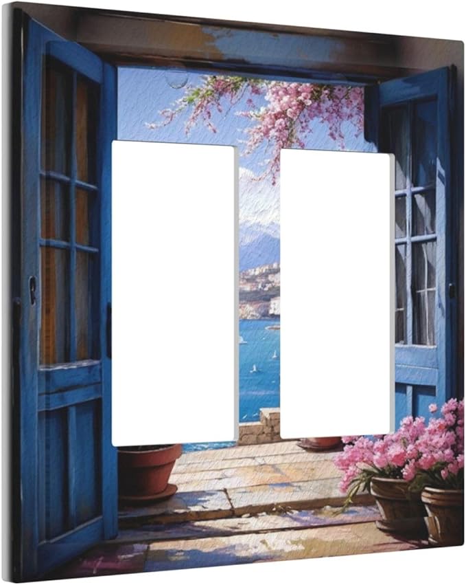 Decorative Art Light Switch Covers Seaside Window View 2 Gang Dual Rocker Outlet Switch plate Faceplate GFCI for Home Decor
