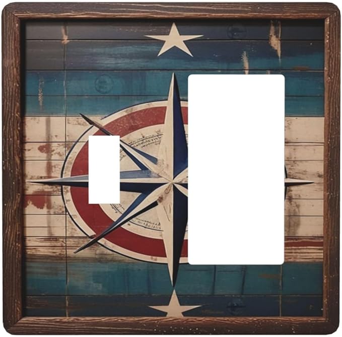 Decorative Art Light Switch Covers Nautical Rustic Star Emblem 2 Gang Single Toggle Rocker Combination Electrical Faceplate Switchplate Wall Plate for Home Decor
