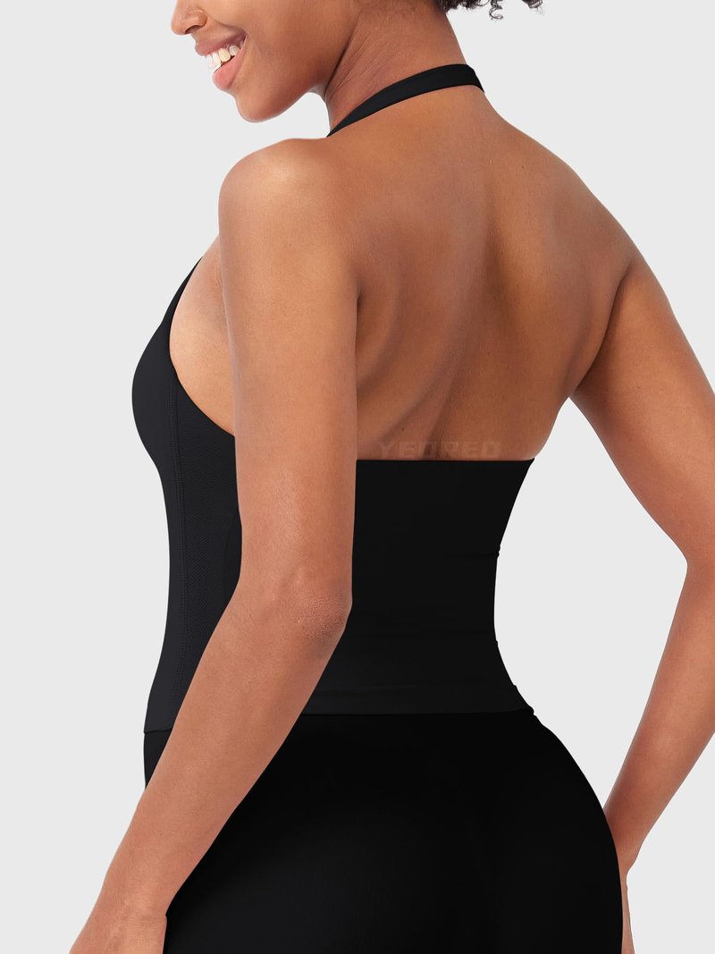 YEOREO SoftHue Women's Impact Halter Tank Top Longline Backless Scoop Neck Built-in Bra Sports Workout Gym Crop Top Black S