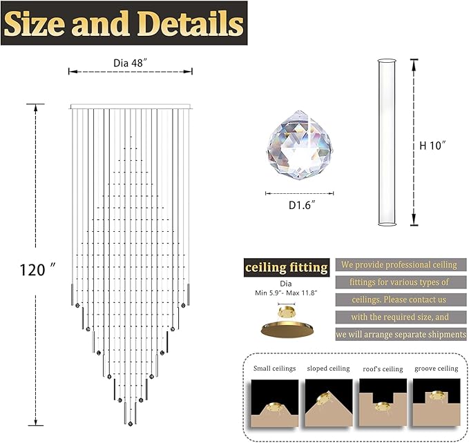 Flashing God D48''X H120'' Extra Large Chandelier for High Ceilings Crystal Raindrop Chandeliers Large Chandelier for Villa Entrance Foyer LED Dimmable Black Large Light Fixture
