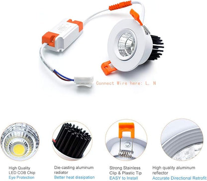 2 Inch LED Downlight, 3W Recessed Lighting COB Dimmable, 5000K Daylight White, CRI80, Ceiling Lights with LED Driver, 1 Pack