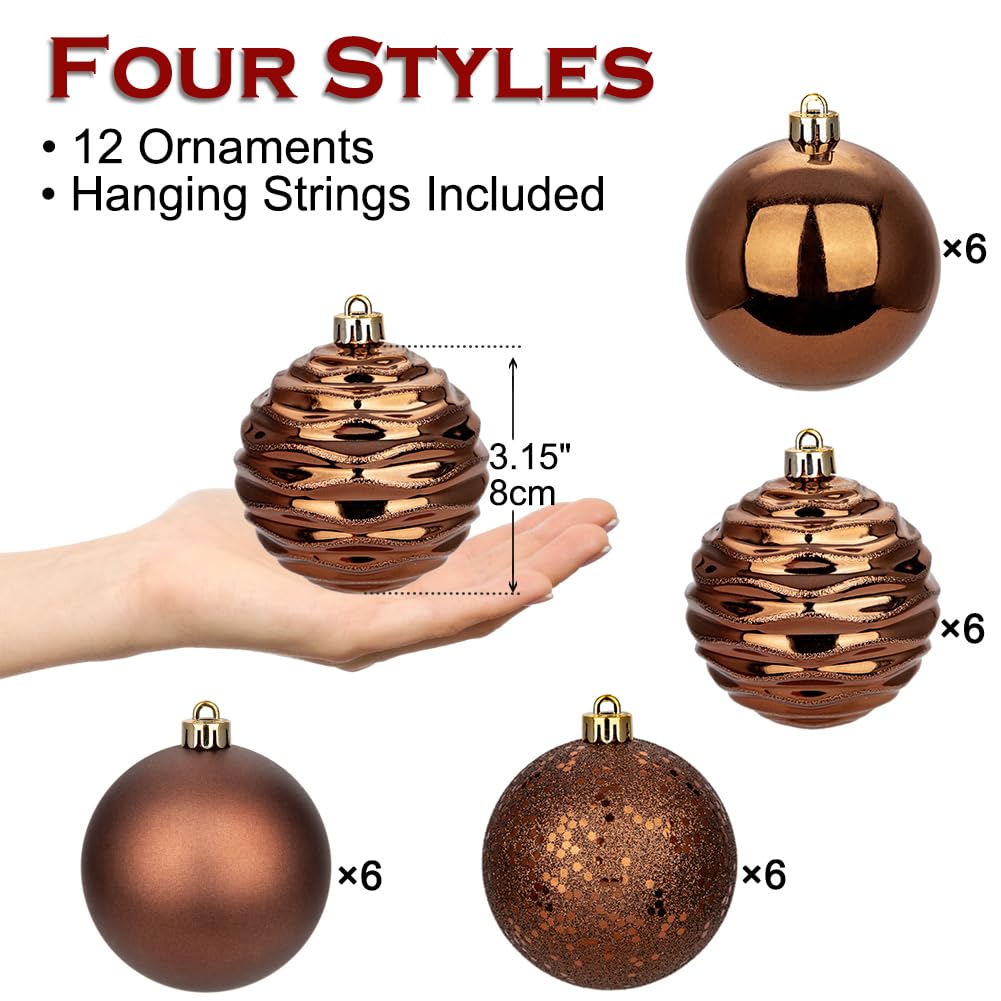 3.15" Bronze Christmas Ornaments for Christmas Tree 12 Pcs Medium Shatterproof Balls Christmas Tree Decorations Xmas Ornaments Balls with Hanging Loop for Wedding Holiday Party Wreath Home Decor