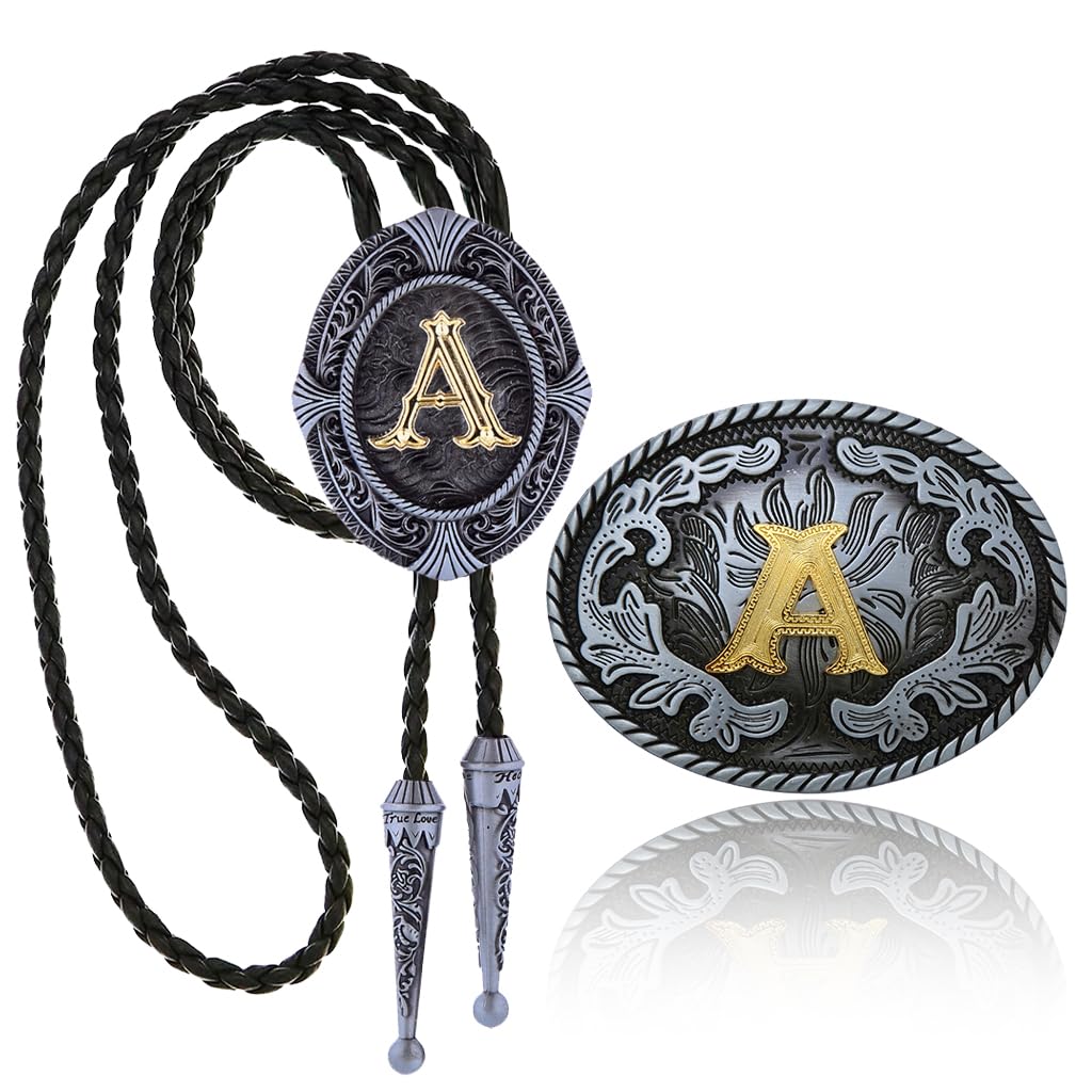 Fibbadet 2Pcs Belt Buckle Bolo Tie Set for Men, Western Cowboy Initial Letters Leather Necktie Belt Buckles for Husband Boyfriend A