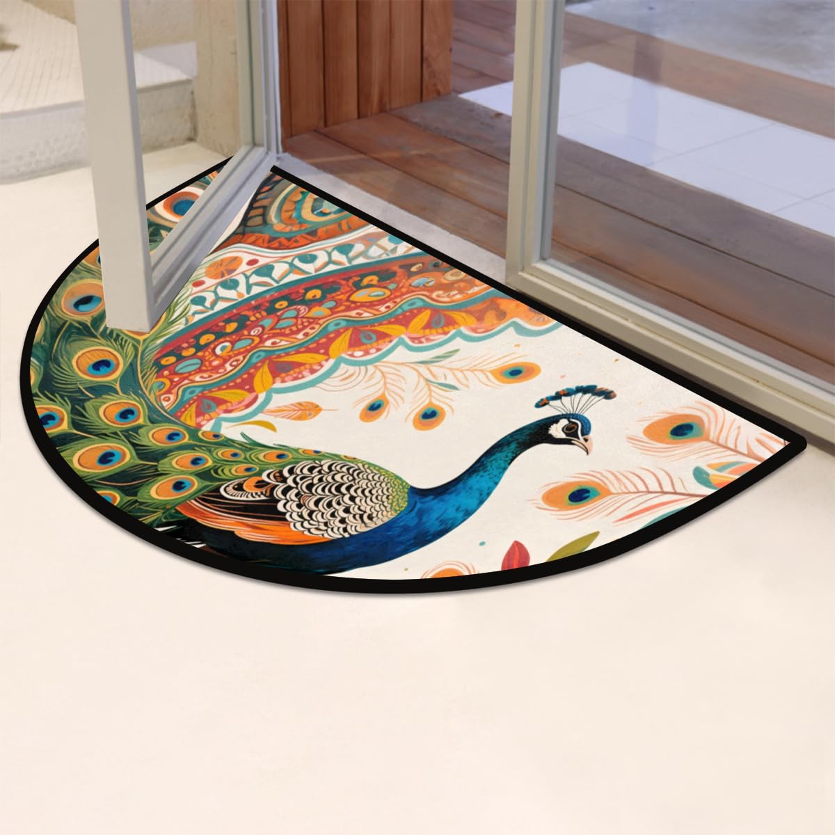Half Round Decorative Area Rug Hand-Painted Peacock (005) Semi-Circle Floor Mat