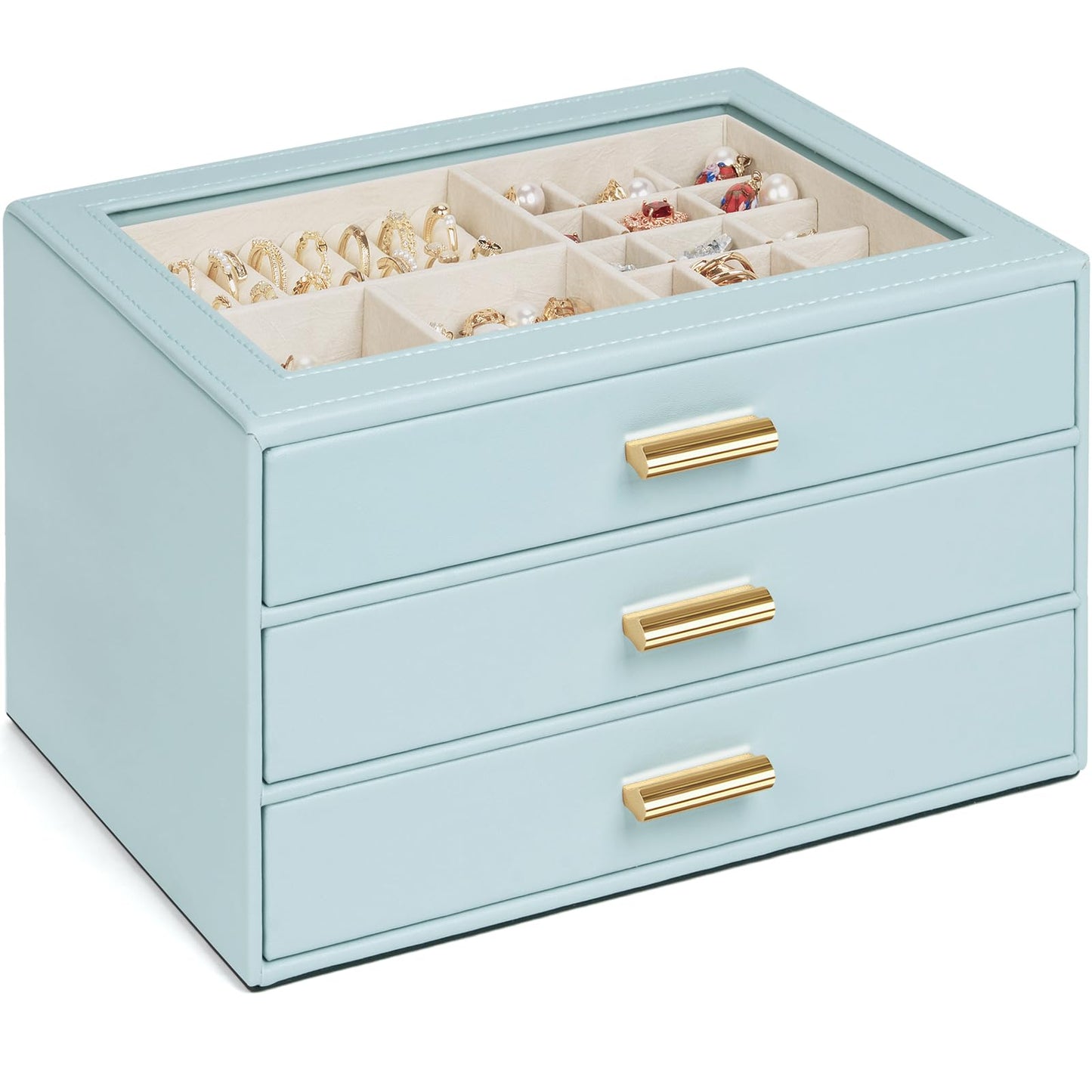AKOZLIN Jewelry Box with Clear Lid Functional Leather Jewelry Storage Organizer Case 3 Drawers for Women Girls Necklace Ring Bracelet Earring