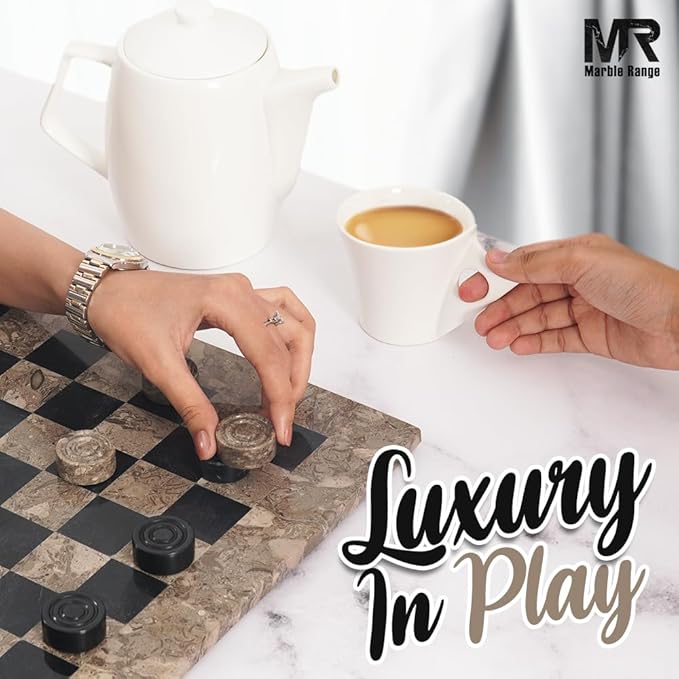 Marble Checkers Board Game 15 Inches Oceanic and Black Handmade 2-Player Tournament Checker Set Board Game Set – Elegant Holiday