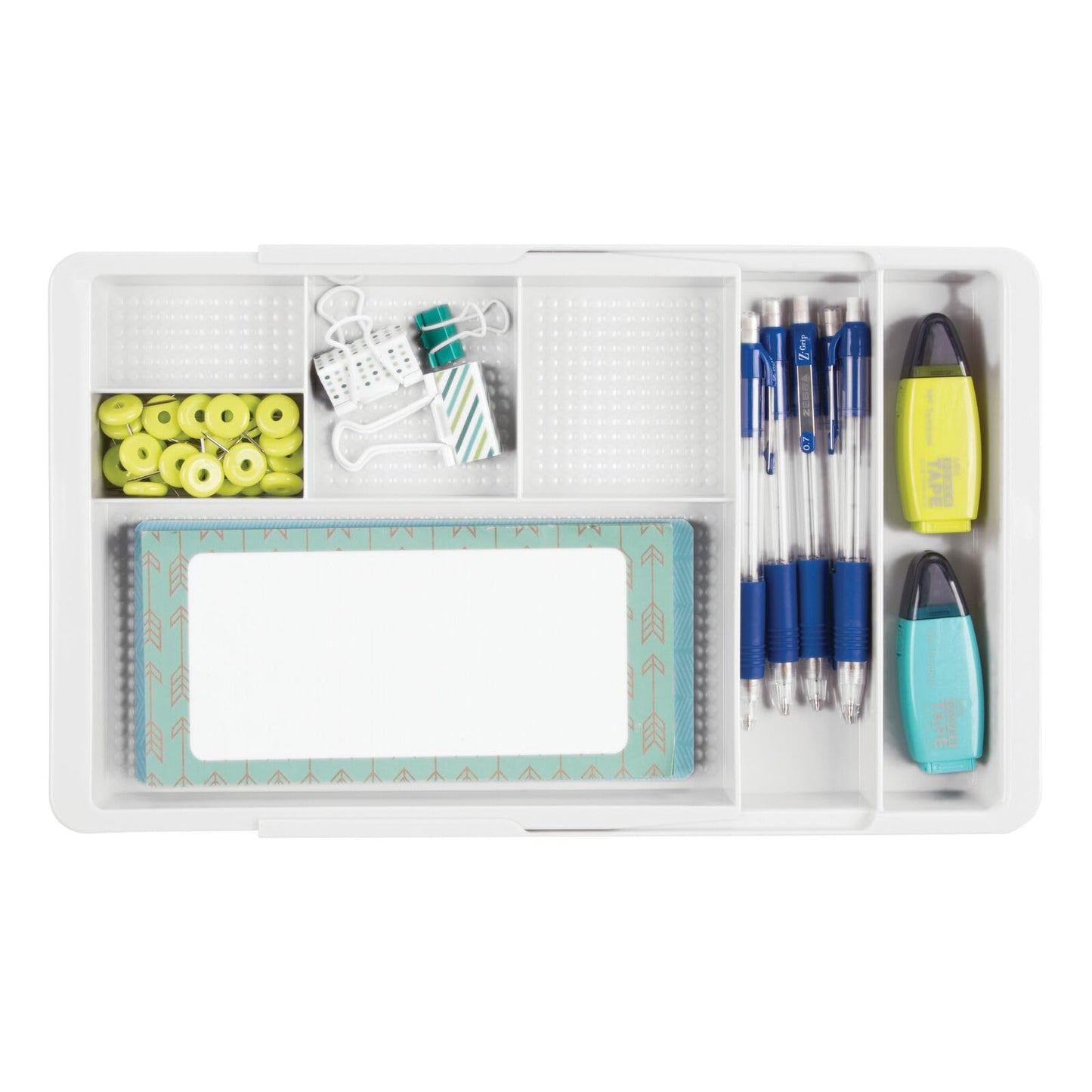 mDesign Expandable Plastic Drawer Organizer and Storage Container for Office Supplies - Gel Pen Pencil, Marker, Stationary, Desk Supply Holder for Drawers and Desktop - Lumiere Collection - White