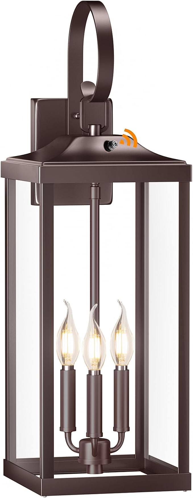 24" Extra Large Dusk to Dawn Outdoor Wall Light, Oil Rubbed Bronze 3-Light Waterproof Exterior Wall Mount Porch Lantern, Modern Outside Wall Sconce Coach Light Brown, E12, 1-Pack